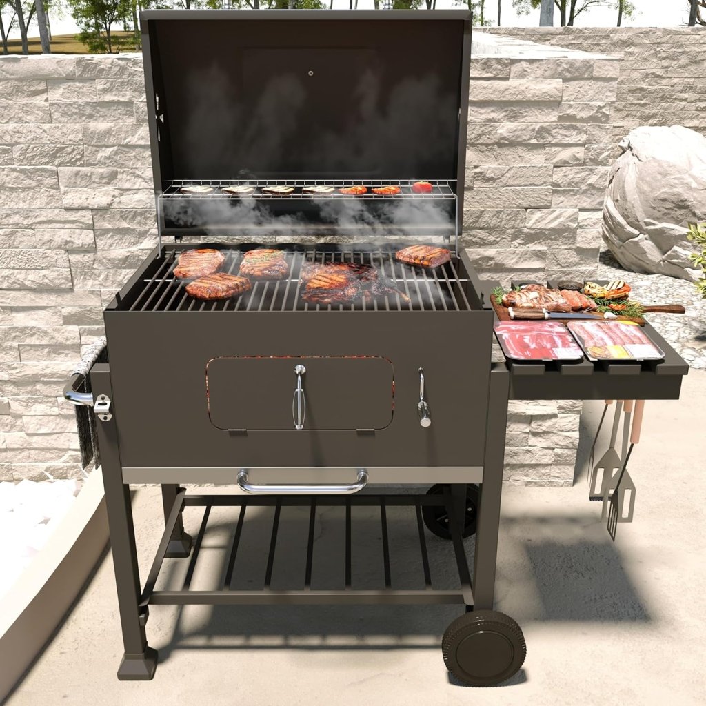 Barbecue A Carbonella BBQ Da Giardino Grill Regolabile Coperchio Termometro Ventilazione Ripiano A Ribalta Ganci Ruote Contenitore Manico Acciaio Inox Terrazzo Balcone Picnic 106 x 46 x 114 cm Nero - Wigtrends