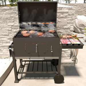 Barbecue A Carbonella BBQ Da Giardino Grill Regolabile Coperchio Termometro Ventilazione Ripiano A Ribalta Ganci Ruote Contenitore Manico Acciaio Inox Terrazzo Balcone Picnic 106 x 46 x 114 cm Nero - Wigtrends