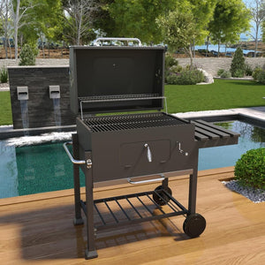 Barbecue A Carbonella BBQ Da Giardino Grill Regolabile Coperchio Termometro Ventilazione Ripiano A Ribalta Ganci Ruote Contenitore Manico Acciaio Inox Terrazzo Balcone Picnic 106 x 46 x 114 cm Nero - Wigtrends