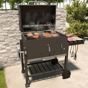 Barbecue A Carbonella BBQ Da Giardino Grill Regolabile Coperchio Termometro Ventilazione Ripiano A Ribalta Ganci Ruote Contenitore Manico Acciaio Inox Terrazzo Balcone Picnic 106 x 46 x 114 cm Nero - Wigtrends
