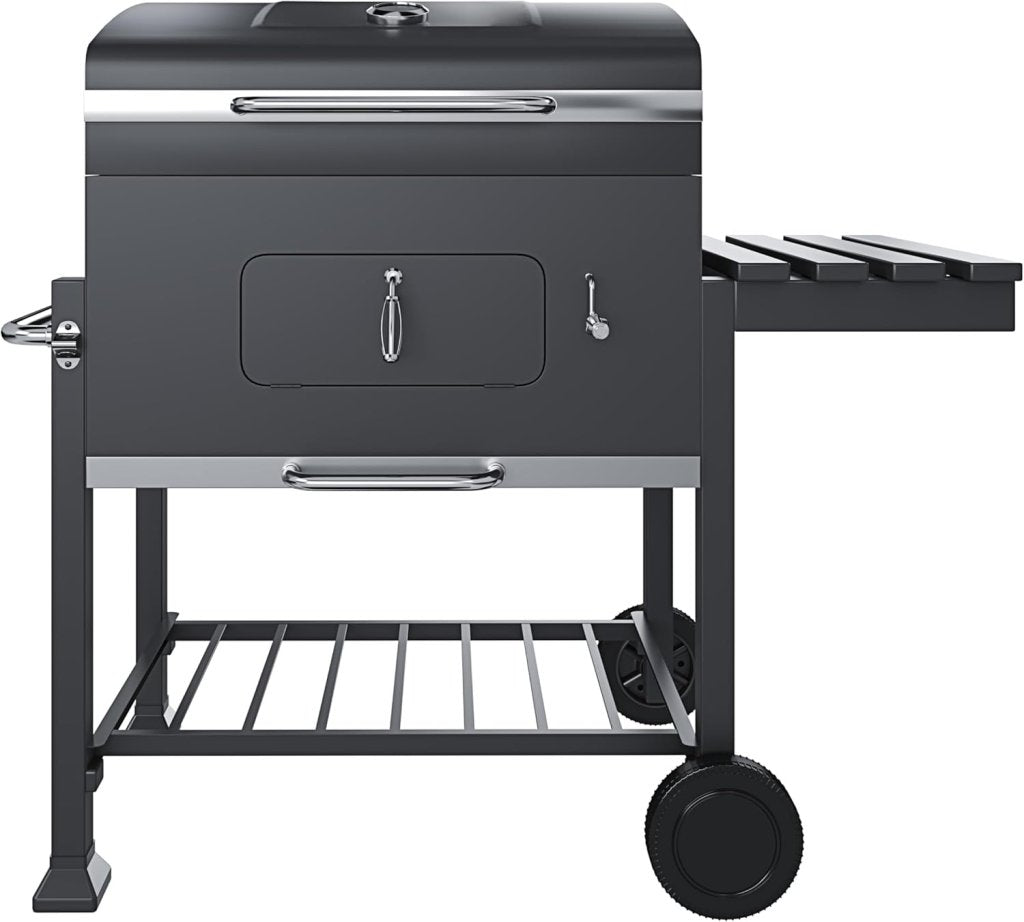 Barbecue A Carbonella BBQ Da Giardino Grill Regolabile Coperchio Termometro Ventilazione Ripiano A Ribalta Ganci Ruote Contenitore Manico Acciaio Inox Terrazzo Balcone Picnic 106 x 46 x 114 cm Nero - Wigtrends