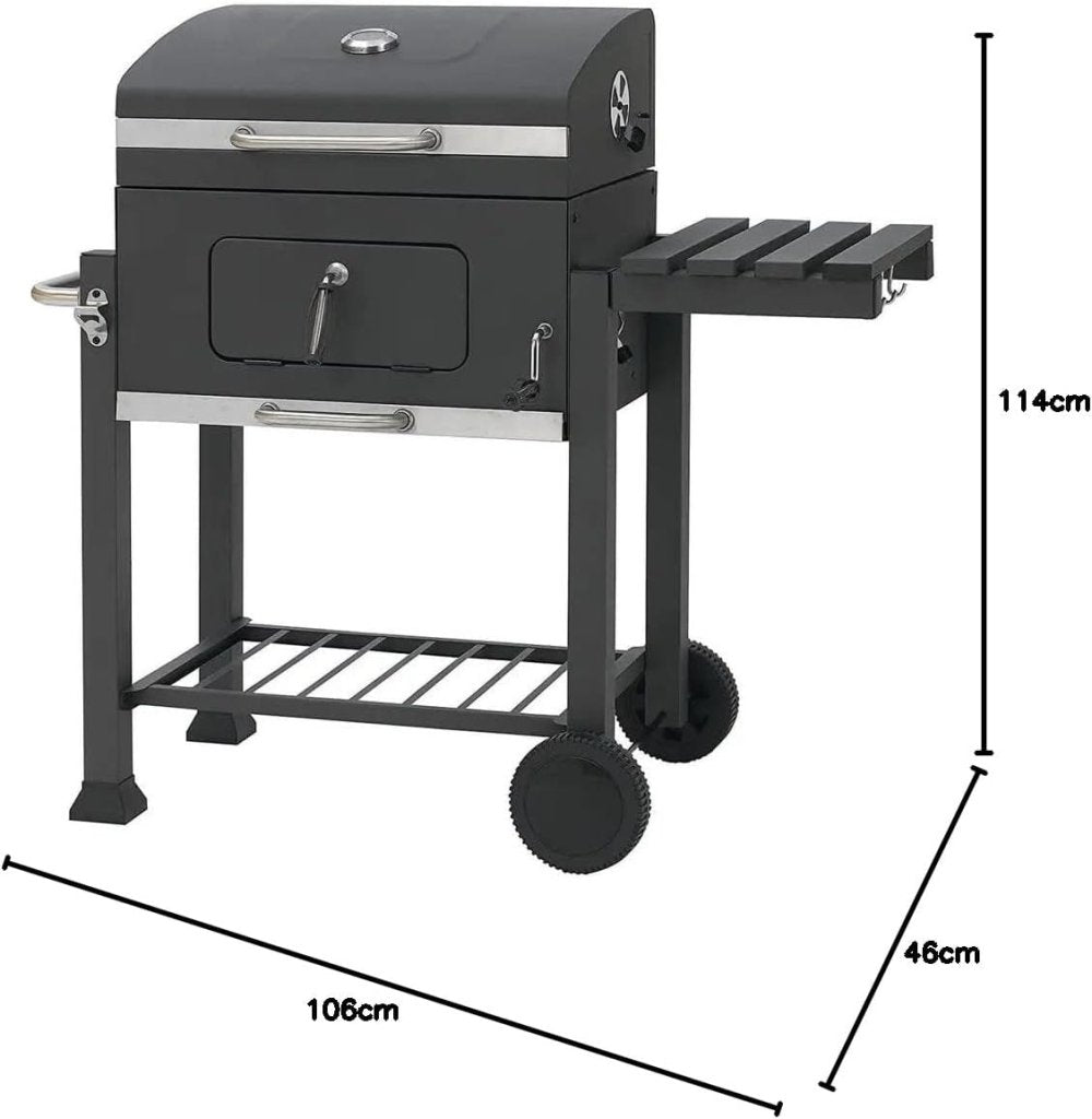 Barbecue A Carbonella BBQ Da Giardino Grill Regolabile Coperchio Termometro Ventilazione Ripiano A Ribalta Ganci Ruote Contenitore Manico Acciaio Inox Terrazzo Balcone Picnic 106 x 46 x 114 cm Nero - Wigtrends