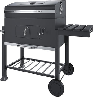 Barbecue A Carbonella BBQ Da Giardino Grill Regolabile Coperchio Termometro Ventilazione Ripiano A Ribalta Ganci Ruote Contenitore Manico Acciaio Inox Terrazzo Balcone Picnic 106 x 46 x 114 cm Nero - Wigtrends