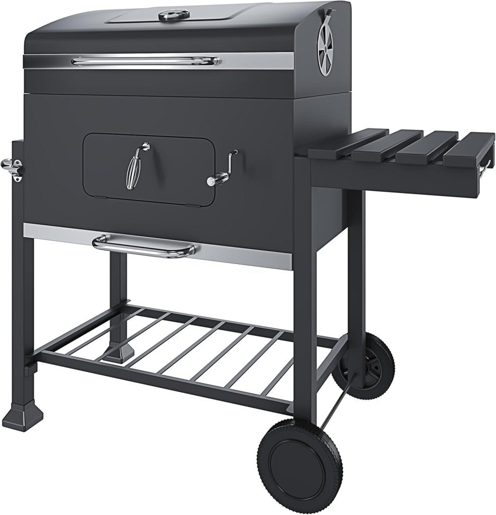 Barbecue A Carbonella BBQ Da Giardino Grill Regolabile Coperchio Termometro Ventilazione Ripiano A Ribalta Ganci Ruote Contenitore Manico Acciaio Inox Terrazzo Balcone Picnic 106 x 46 x 114 cm Nero - Wigtrends