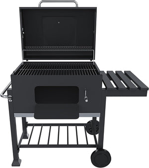 Barbecue A Carbonella BBQ Da Giardino Grill Regolabile Coperchio Termometro Ventilazione Ripiano A Ribalta Ganci Ruote Contenitore Manico Acciaio Inox Terrazzo Balcone Picnic 106 x 46 x 114 cm Nero - Wigtrends