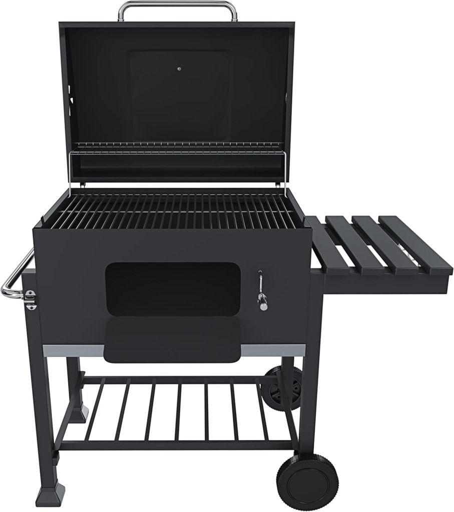 Barbecue A Carbonella BBQ Da Giardino Grill Regolabile Coperchio Termometro Ventilazione Ripiano A Ribalta Ganci Ruote Contenitore Manico Acciaio Inox Terrazzo Balcone Picnic 106 x 46 x 114 cm Nero - Wigtrends