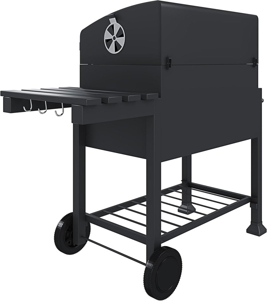 Barbecue A Carbonella BBQ Da Giardino Grill Regolabile Coperchio Termometro Ventilazione Ripiano A Ribalta Ganci Ruote Contenitore Manico Acciaio Inox Terrazzo Balcone Picnic 106 x 46 x 114 cm Nero - Wigtrends