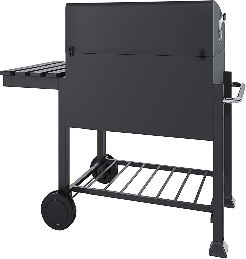 Barbecue A Carbonella BBQ Da Giardino Grill Regolabile Coperchio Termometro Ventilazione Ripiano A Ribalta Ganci Ruote Contenitore Manico Acciaio Inox Terrazzo Balcone Picnic 106 x 46 x 114 cm Nero - Wigtrends