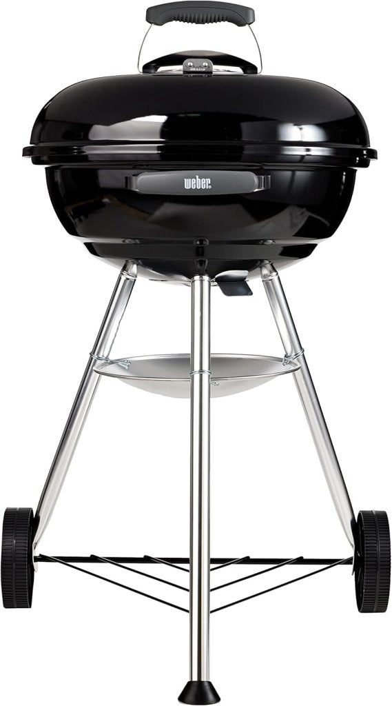 Barbecue a carbonella compatto Kettle, cottura Ø 47 cm, barbecue in porcellana smaltata con coperchio e caldaia con tre gambe e ruote, supporto di cottura cromato - Nero (1221004) - Wigtrends