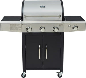 Barbecue a gas professionale XXL con 4 bruciatori multifunzione, 13 KW, completo di bruciatore laterale, coperchio, termometro, griglia in ghisa, ruote e telaio in acciaio inox - Wigtrends