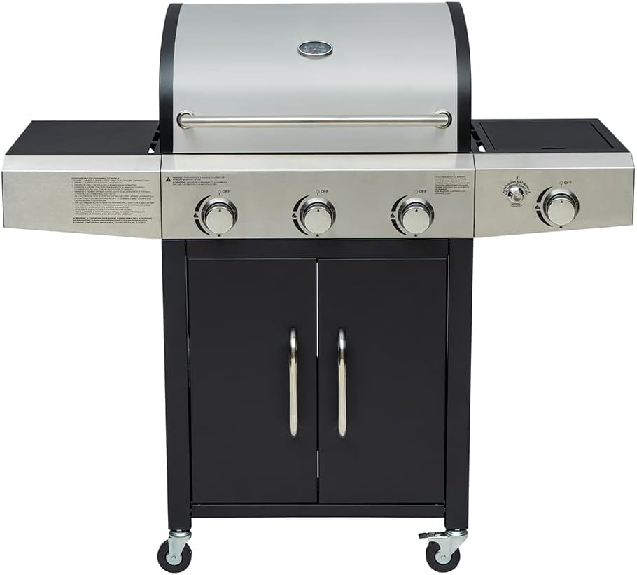 Barbecue a gas professionale XXL con 4 bruciatori multifunzione, 13 KW, completo di bruciatore laterale, coperchio, termometro, griglia in ghisa, ruote e telaio in acciaio inox - Wigtrends