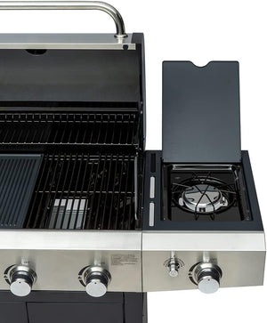 Barbecue a gas professionale XXL con 4 bruciatori multifunzione, 13 KW, completo di bruciatore laterale, coperchio, termometro, griglia in ghisa, ruote e telaio in acciaio inox - Wigtrends