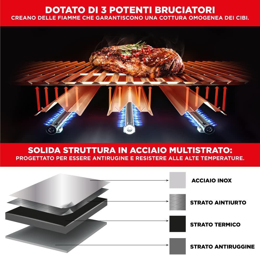 Barbecue a gas professionale XXL con 4 bruciatori multifunzione, 13 KW, completo di bruciatore laterale, coperchio, termometro, griglia in ghisa, ruote e telaio in acciaio inox - Wigtrends