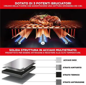 Barbecue a gas professionale XXL con 4 bruciatori multifunzione, 13 KW, completo di bruciatore laterale, coperchio, termometro, griglia in ghisa, ruote e telaio in acciaio inox - Wigtrends