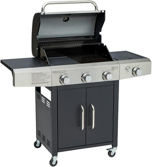 Barbecue a gas professionale XXL con 4 bruciatori multifunzione, 13 KW, completo di bruciatore laterale, coperchio, termometro, griglia in ghisa, ruote e telaio in acciaio inox - Wigtrends
