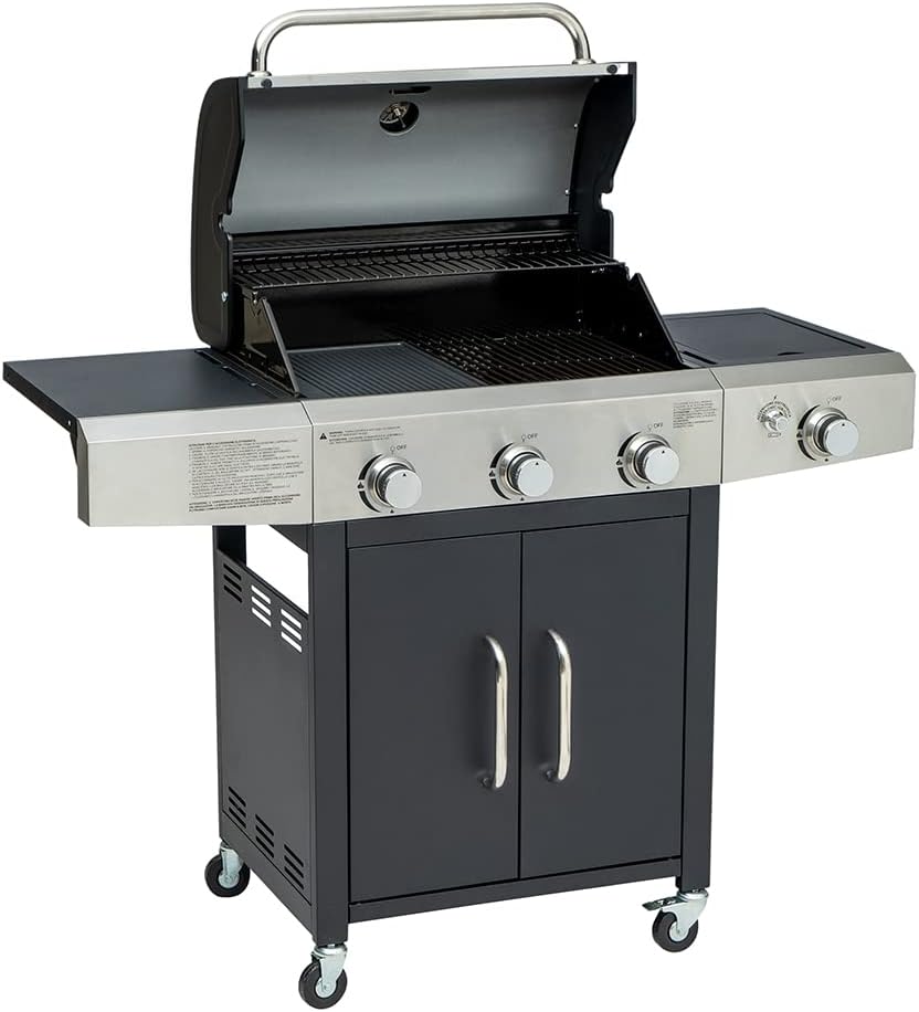 Barbecue a gas professionale XXL con 4 bruciatori multifunzione, 13 KW, completo di bruciatore laterale, coperchio, termometro, griglia in ghisa, ruote e telaio in acciaio inox - Wigtrends