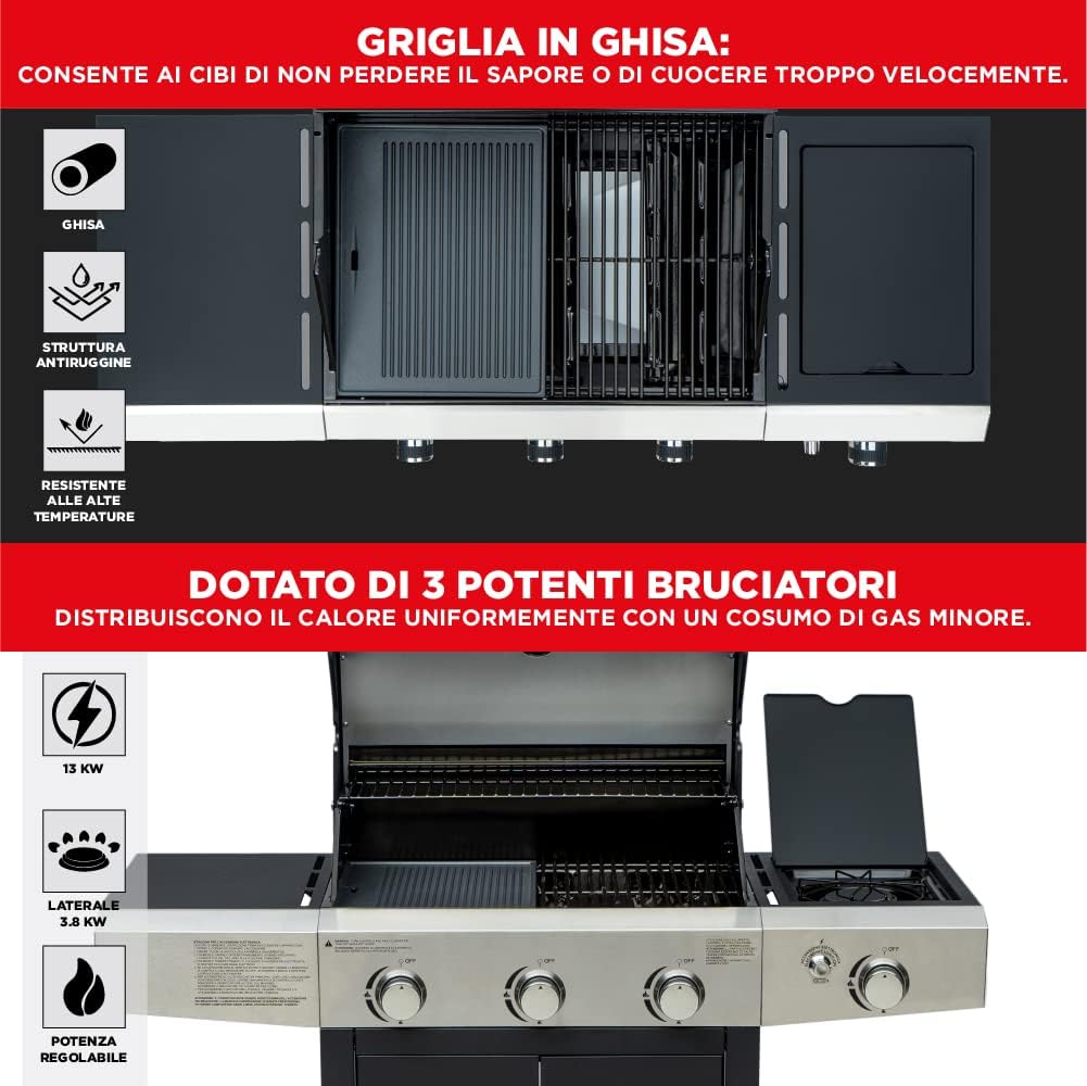 Barbecue a gas professionale XXL con 4 bruciatori multifunzione, 13 KW, completo di bruciatore laterale, coperchio, termometro, griglia in ghisa, ruote e telaio in acciaio inox - Wigtrends