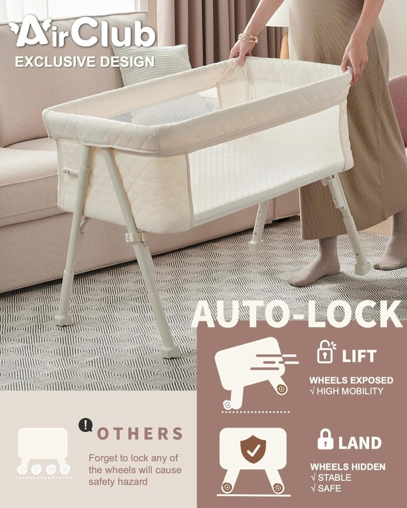 Bassinet Bedside Sleeper, Baby Crib for Newborn, Baby Bassinets Bedside Sleeper with 4 Auto - Lock & Adjustable Height, Breathable Mesh & Mattress - Wigtrends