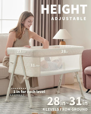 Bassinet Bedside Sleeper, Baby Crib for Newborn, Baby Bassinets Bedside Sleeper with 4 Auto - Lock & Adjustable Height, Breathable Mesh & Mattress - Wigtrends