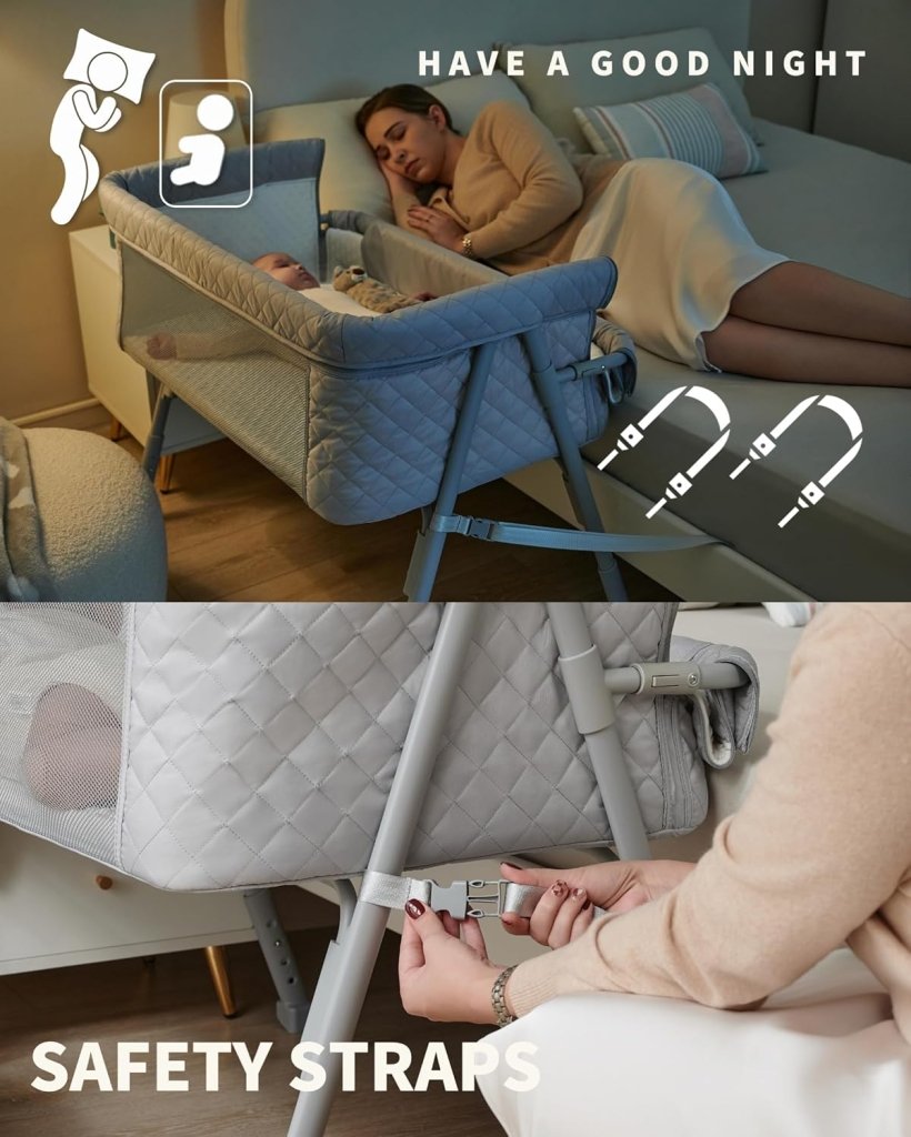 Bassinet Bedside Sleeper, Baby Crib for Newborn, Baby Bassinets Bedside Sleeper with 4 Auto - Lock & Adjustable Height, Breathable Mesh & Mattress - Wigtrends