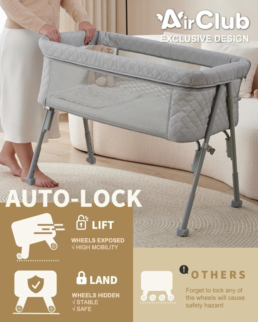 Bassinet Bedside Sleeper, Baby Crib for Newborn, Baby Bassinets Bedside Sleeper with 4 Auto - Lock & Adjustable Height, Breathable Mesh & Mattress - Wigtrends