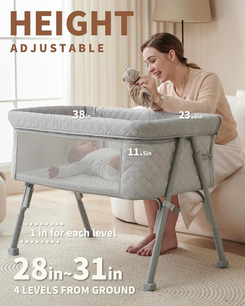 Bassinet Bedside Sleeper, Baby Crib for Newborn, Baby Bassinets Bedside Sleeper with 4 Auto - Lock & Adjustable Height, Breathable Mesh & Mattress - Wigtrends