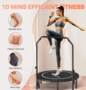 BCAN 450/550 LBS Foldable Mini Trampoline, 40"/48" Fitness Trampoline with Bungees, U Shape Adjustable Foam Handle, Stable & Quiet Exercise Rebounder for Adults Indoor/Outdoor Workout - Wigtrends
