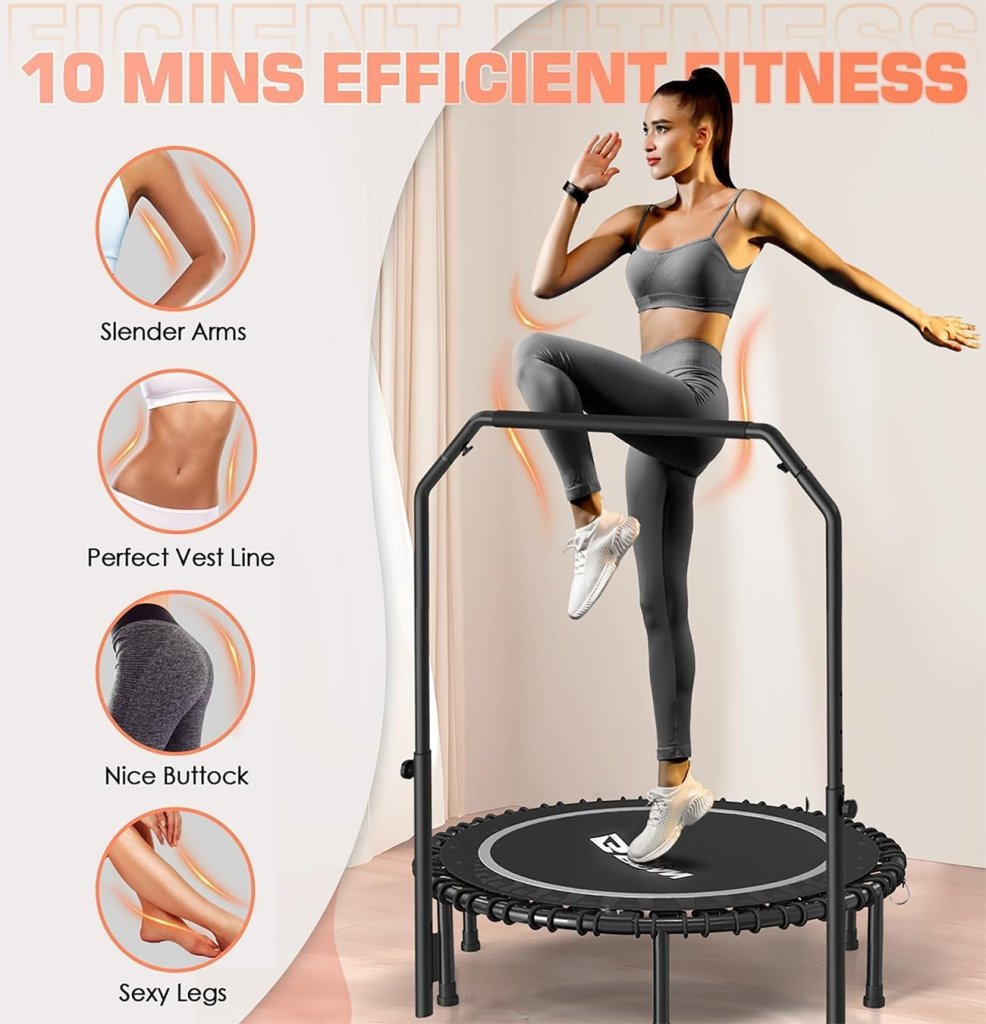 BCAN 450/550 LBS Foldable Mini Trampoline, 40"/48" Fitness Trampoline with Bungees, U Shape Adjustable Foam Handle, Stable & Quiet Exercise Rebounder for Adults Indoor/Outdoor Workout - Wigtrends