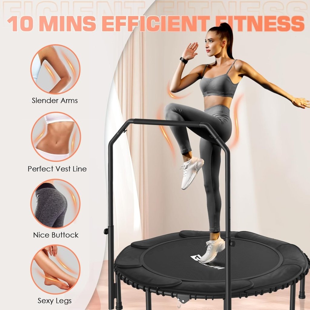BCAN 450/550 LBS Foldable Mini Trampoline, 40"/48" Fitness Trampoline with Bungees, U Shape Adjustable Foam Handle, Stable & Quiet Exercise Rebounder for Adults Indoor/Outdoor Workout - Wigtrends