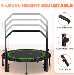 BCAN 450/550 LBS Foldable Mini Trampoline, 40"/48" Fitness Trampoline with Bungees, U Shape Adjustable Foam Handle, Stable & Quiet Exercise Rebounder for Adults Indoor/Outdoor Workout - Wigtrends