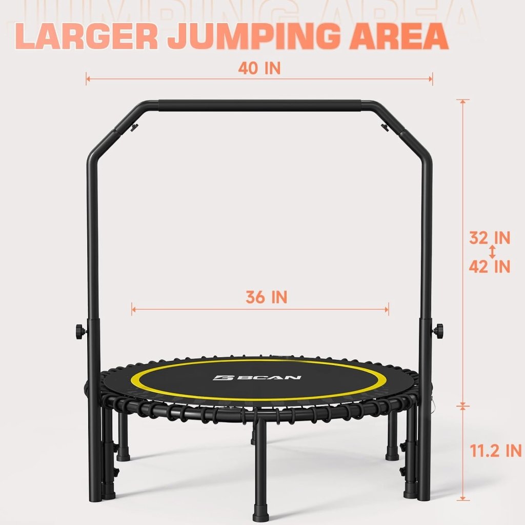 BCAN 450/550 LBS Foldable Mini Trampoline, 40"/48" Fitness Trampoline with Bungees, U Shape Adjustable Foam Handle, Stable & Quiet Exercise Rebounder for Adults Indoor/Outdoor Workout - Wigtrends