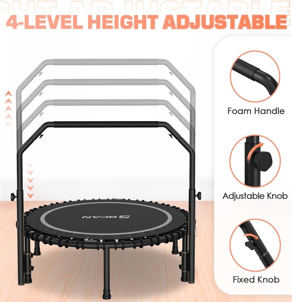 BCAN 450/550 LBS Foldable Mini Trampoline, 40"/48" Fitness Trampoline with Bungees, U Shape Adjustable Foam Handle, Stable & Quiet Exercise Rebounder for Adults Indoor/Outdoor Workout - Wigtrends
