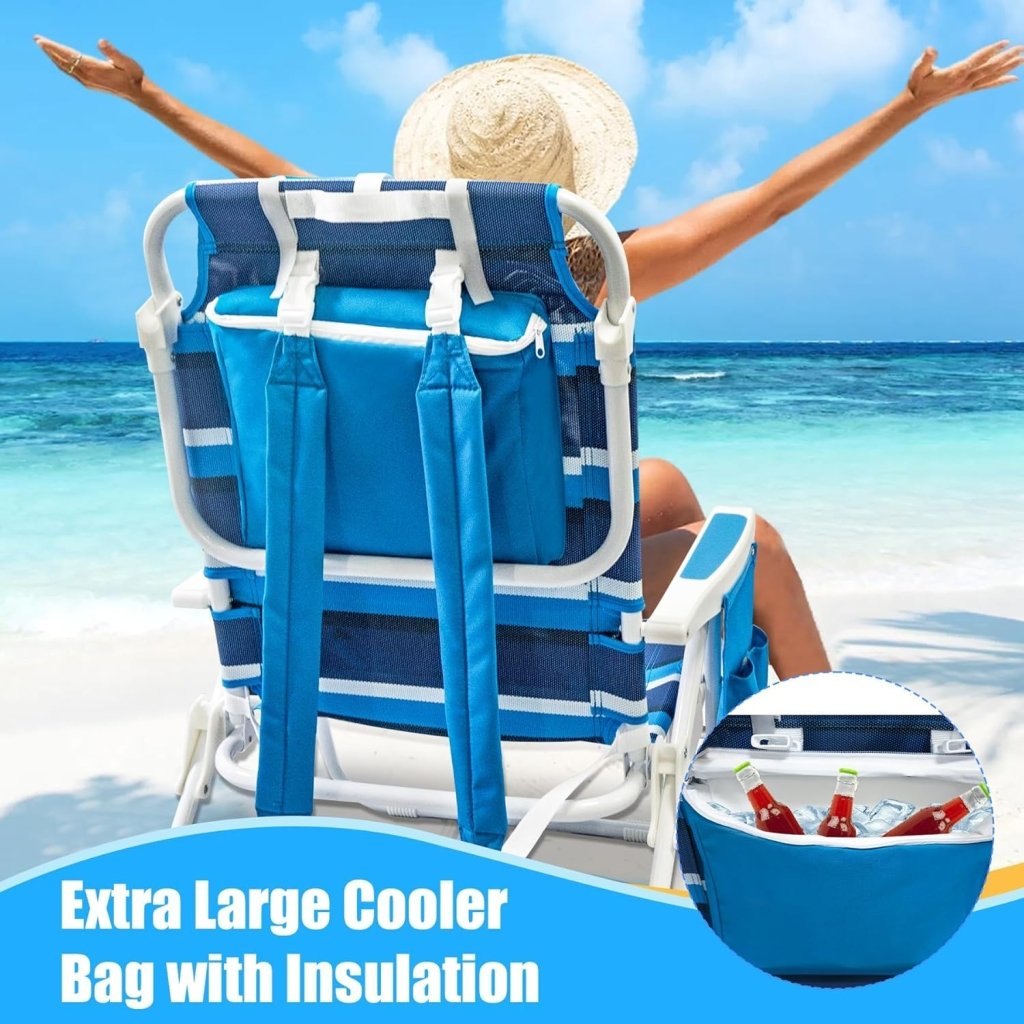 Beach Chair 2 Pack 5 Positions Textilene Folding Reclining Beach Chair with Backpack Straps Cooler Bag & Cup Holder for Outdoor Lawn Camping - Wigtrends