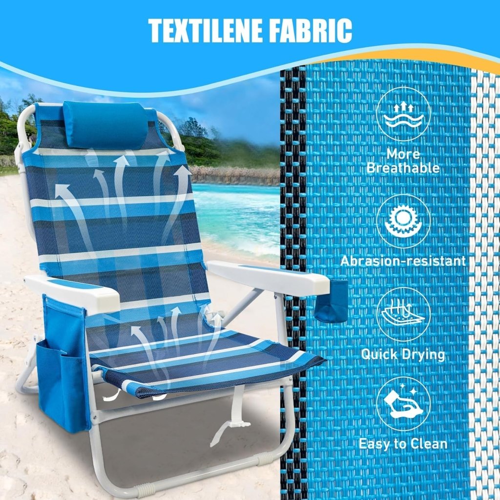 Beach Chair 2 Pack 5 Positions Textilene Folding Reclining Beach Chair with Backpack Straps Cooler Bag & Cup Holder for Outdoor Lawn Camping - Wigtrends