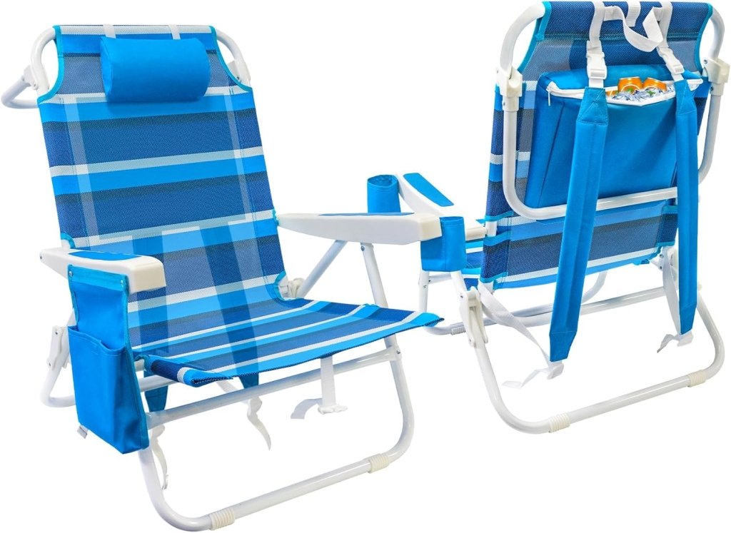 Beach Chair 2 Pack 5 Positions Textilene Folding Reclining Beach Chair with Backpack Straps Cooler Bag & Cup Holder for Outdoor Lawn Camping - Wigtrends