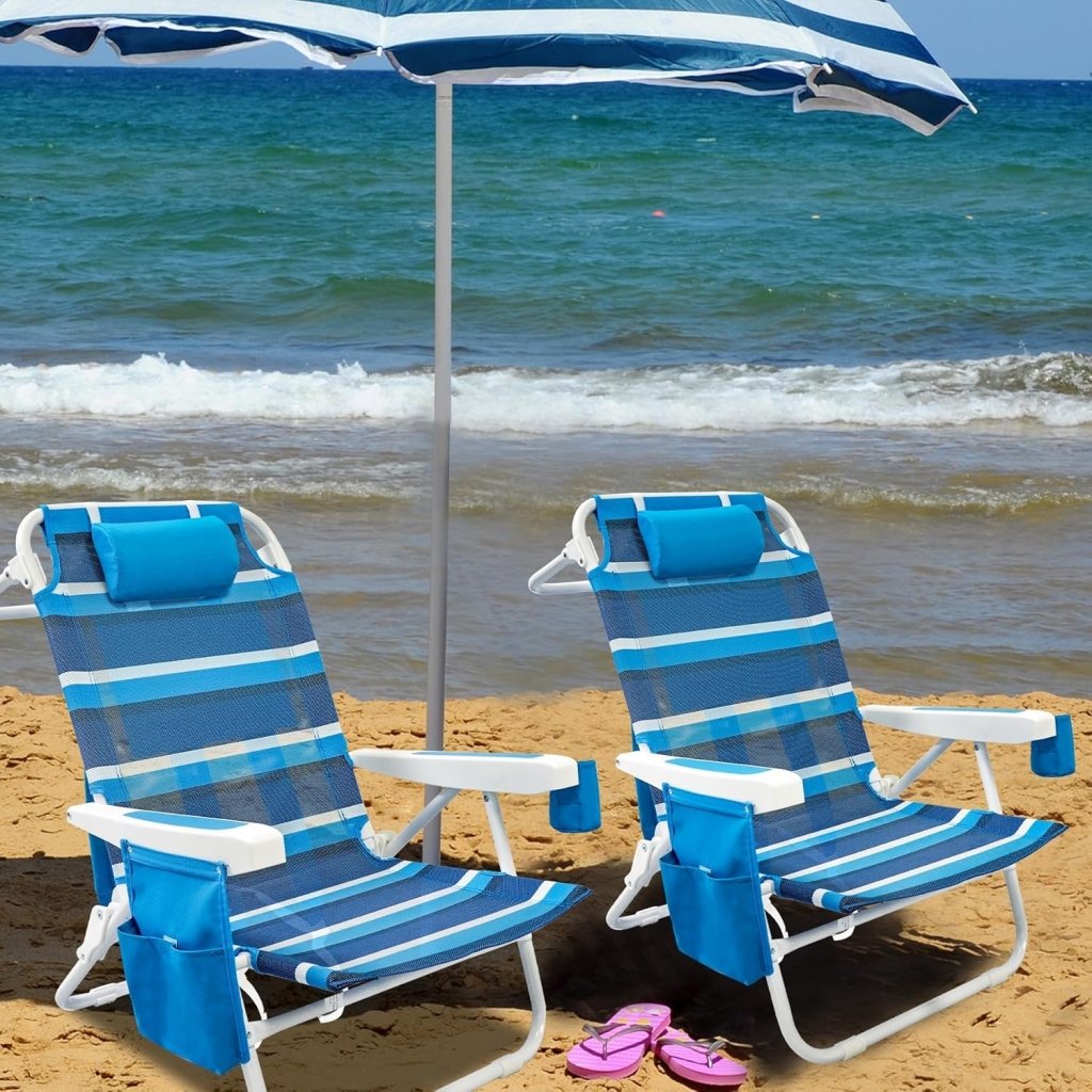 Beach Chair 2 Pack 5 Positions Textilene Folding Reclining Beach Chair with Backpack Straps Cooler Bag & Cup Holder for Outdoor Lawn Camping - Wigtrends
