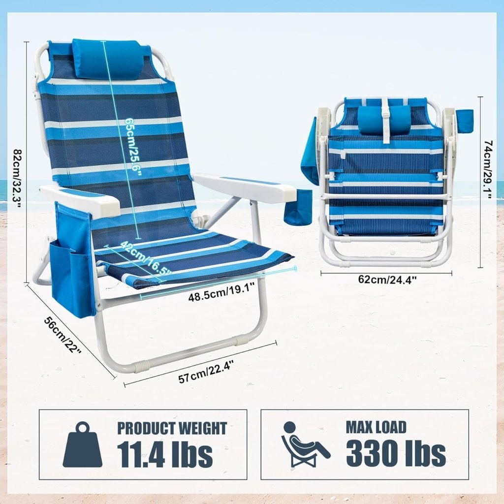 Beach Chair 2 Pack 5 Positions Textilene Folding Reclining Beach Chair with Backpack Straps Cooler Bag & Cup Holder for Outdoor Lawn Camping - Wigtrends