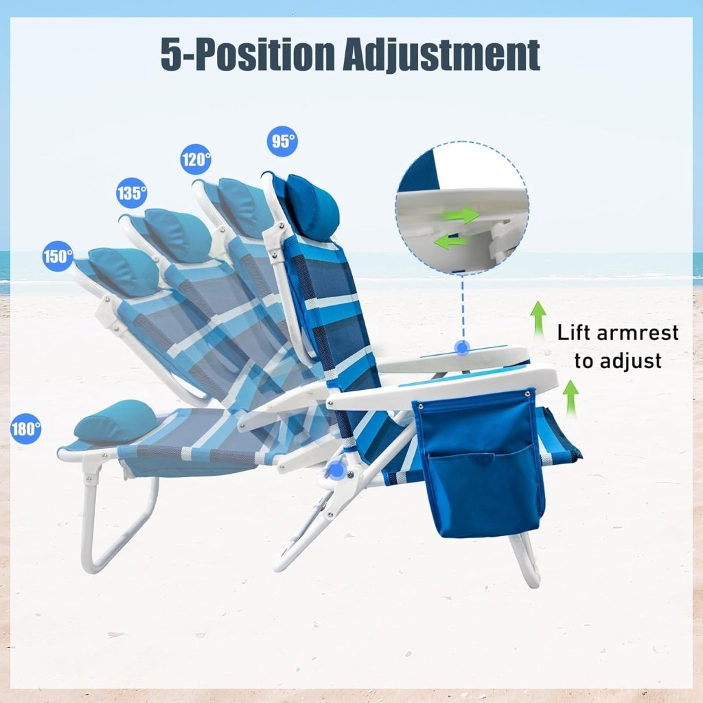 Beach Chair 2 Pack 5 Positions Textilene Folding Reclining Beach Chair with Backpack Straps Cooler Bag & Cup Holder for Outdoor Lawn Camping - Wigtrends