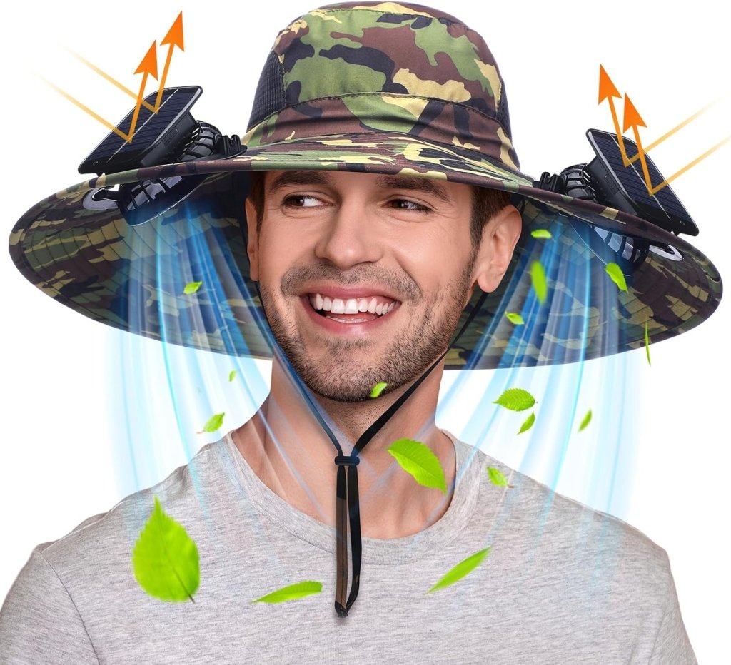 Berlune Men Sun Hat with 2 Solar Fan Fishing Wide Brim Sun Hat for Outdoor Summer Camping Beach, USB & Solar Powered - Wigtrends