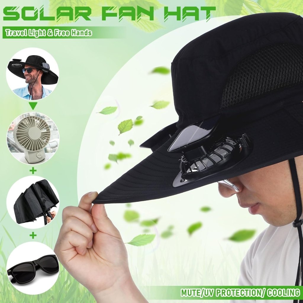 Berlune Men Sun Hat with 2 Solar Fan Fishing Wide Brim Sun Hat for Outdoor Summer Camping Beach, USB & Solar Powered - Wigtrends