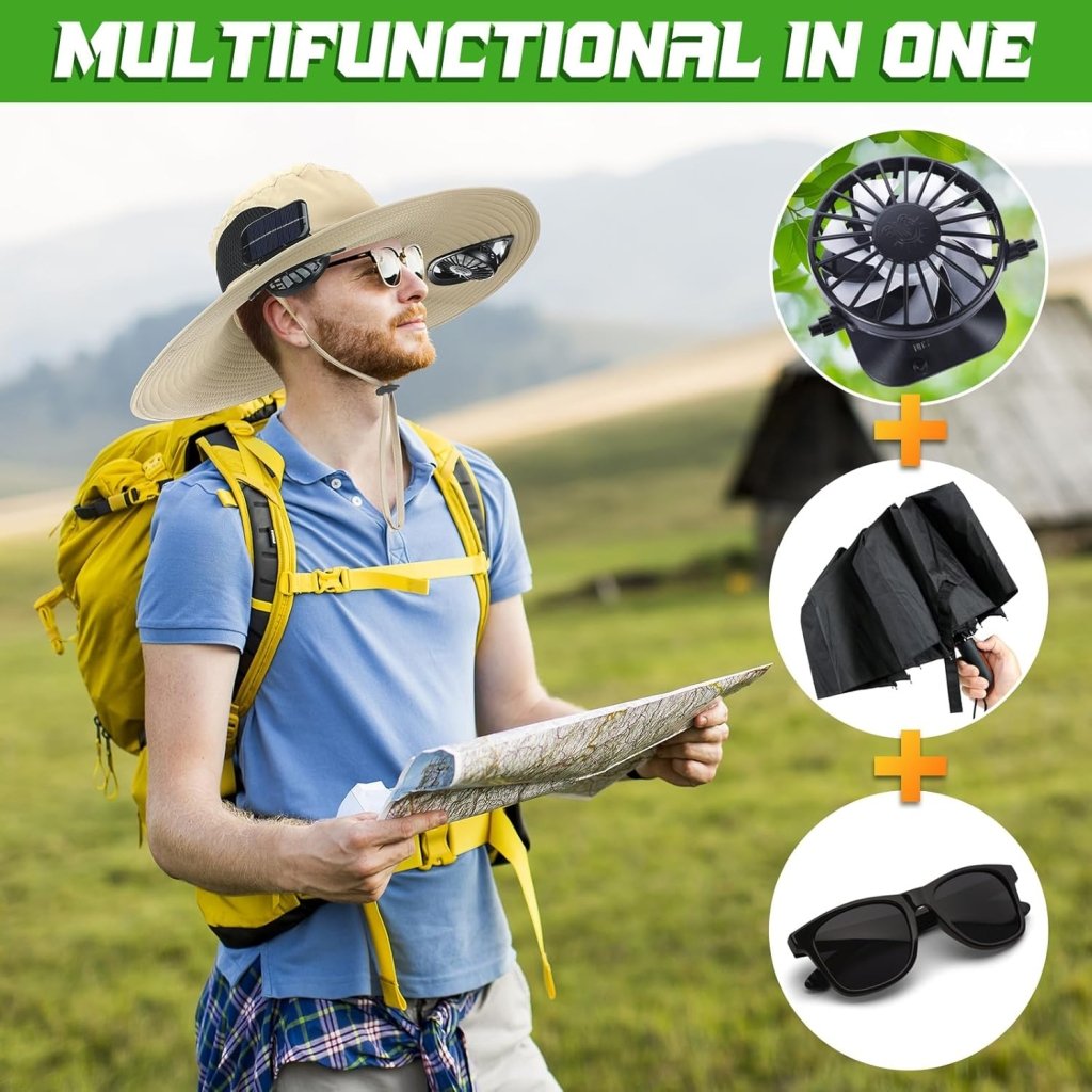 Berlune Men Sun Hat with 2 Solar Fan Fishing Wide Brim Sun Hat for Outdoor Summer Camping Beach, USB & Solar Powered - Wigtrends