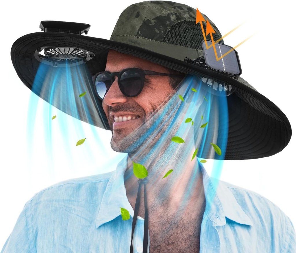 Berlune Men Sun Hat with 2 Solar Fan Fishing Wide Brim Sun Hat for Outdoor Summer Camping Beach, USB & Solar Powered - Wigtrends