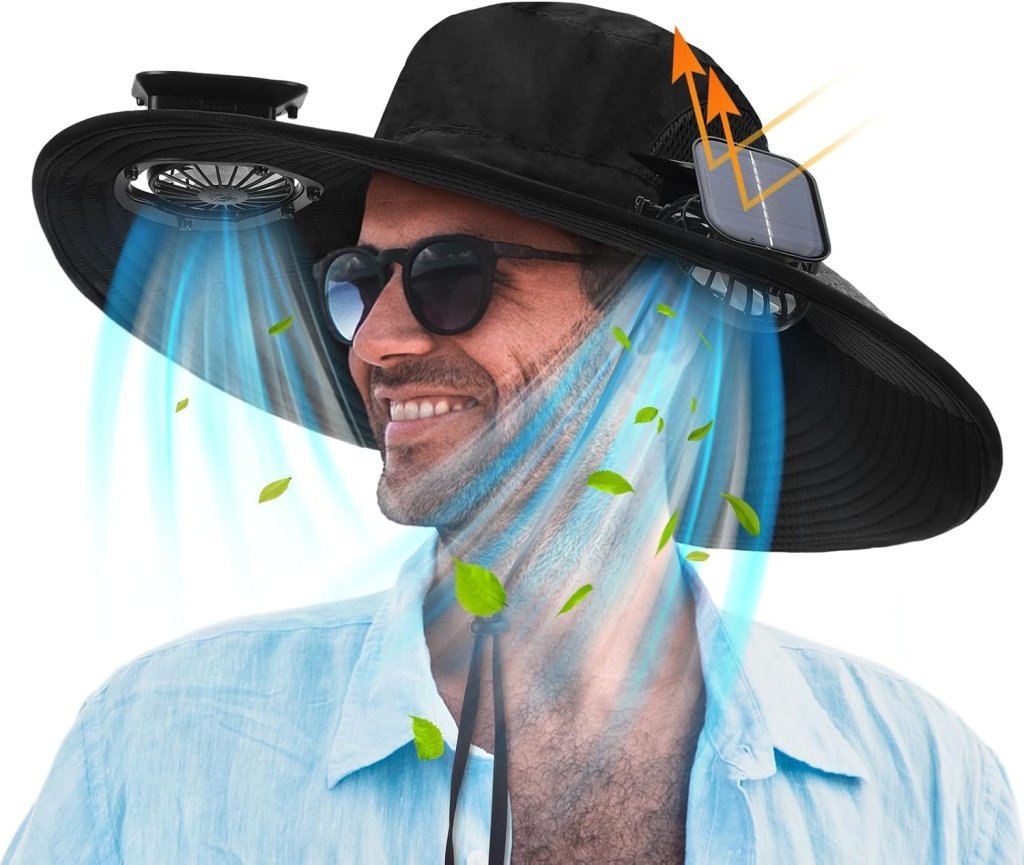 Berlune Men Sun Hat with 2 Solar Fan Fishing Wide Brim Sun Hat for Outdoor Summer Camping Beach, USB & Solar Powered - Wigtrends