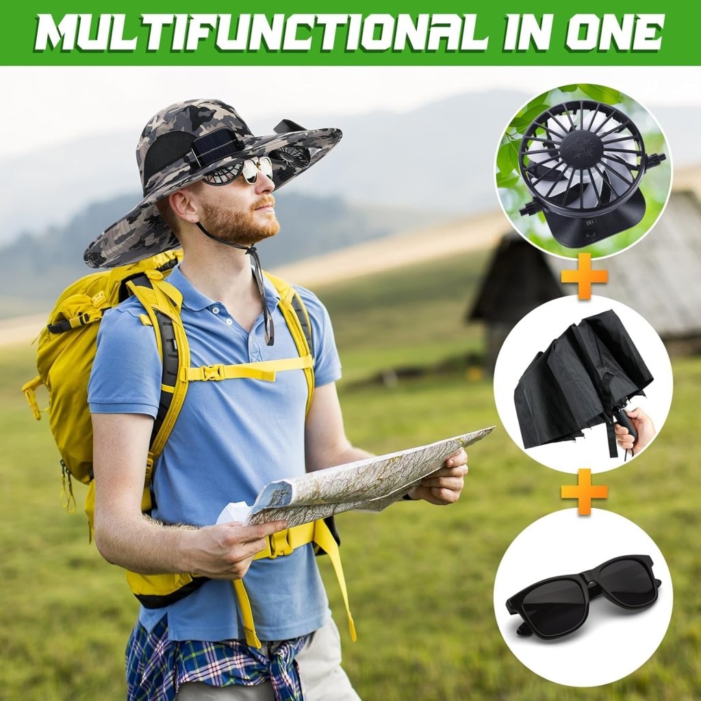 Berlune Men Sun Hat with 2 Solar Fan Fishing Wide Brim Sun Hat for Outdoor Summer Camping Beach, USB & Solar Powered - Wigtrends