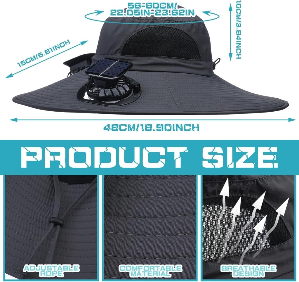 Berlune Men Sun Hat with 2 Solar Fan Fishing Wide Brim Sun Hat for Outdoor Summer Camping Beach, USB & Solar Powered - Wigtrends