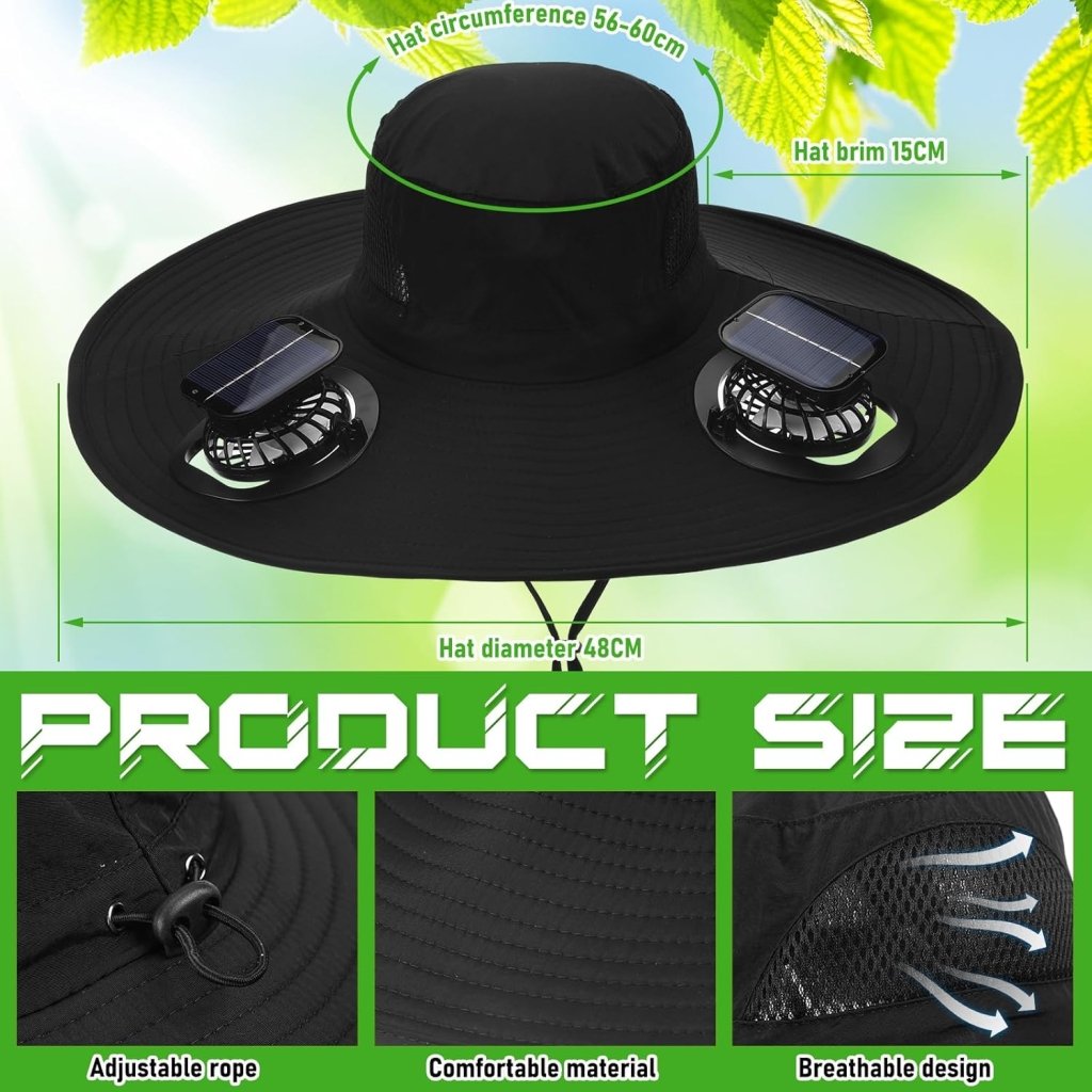 Berlune Men Sun Hat with 2 Solar Fan Fishing Wide Brim Sun Hat for Outdoor Summer Camping Beach, USB & Solar Powered - Wigtrends