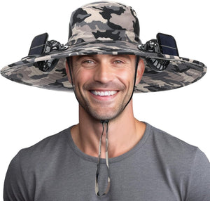 Berlune Men Sun Hat with 2 Solar Fan Fishing Wide Brim Sun Hat for Outdoor Summer Camping Beach, USB & Solar Powered - Wigtrends