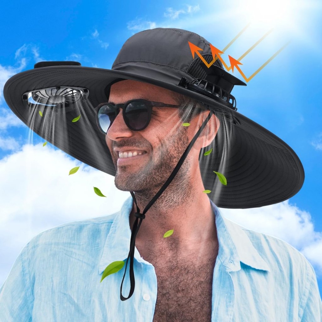 Berlune Men Sun Hat with 2 Solar Fan Fishing Wide Brim Sun Hat for Outdoor Summer Camping Beach, USB & Solar Powered - Wigtrends
