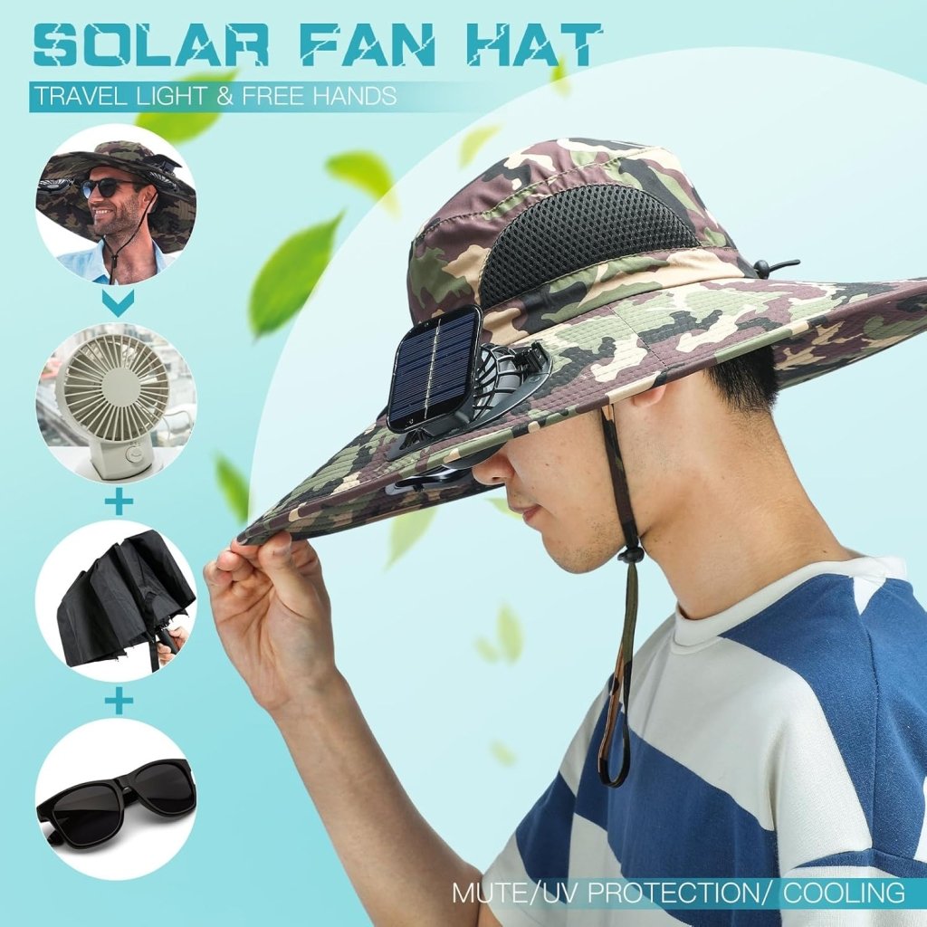 Berlune Men Sun Hat with 2 Solar Fan Fishing Wide Brim Sun Hat for Outdoor Summer Camping Beach, USB & Solar Powered - Wigtrends