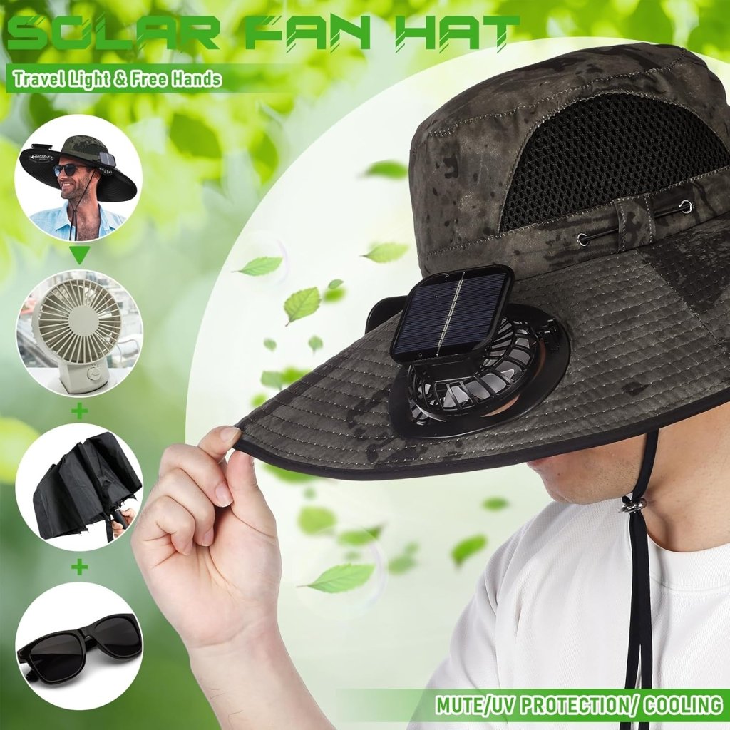 Berlune Men Sun Hat with 2 Solar Fan Fishing Wide Brim Sun Hat for Outdoor Summer Camping Beach, USB & Solar Powered - Wigtrends
